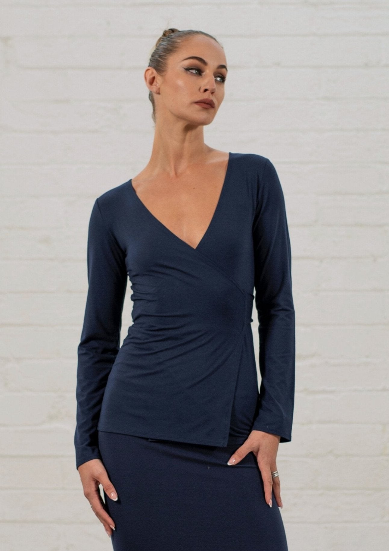 Navy Morticia Wrap Top