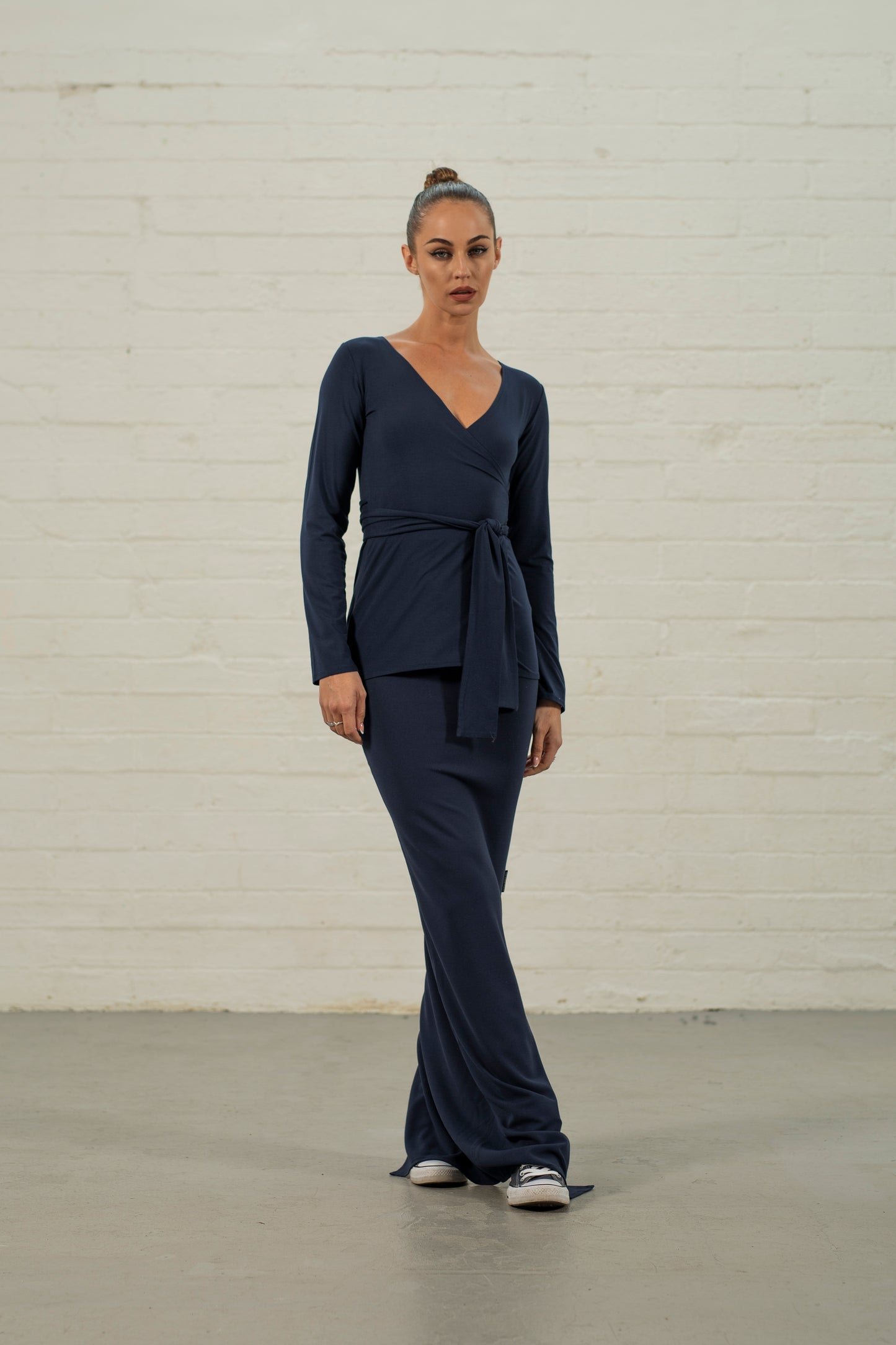 Navy Morticia Wrap Top